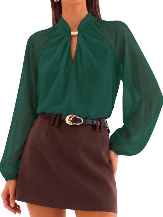 Tops - Chic Women's Long Sleeve Chiffon Blouse - Dressy Casual Work Top for Fall